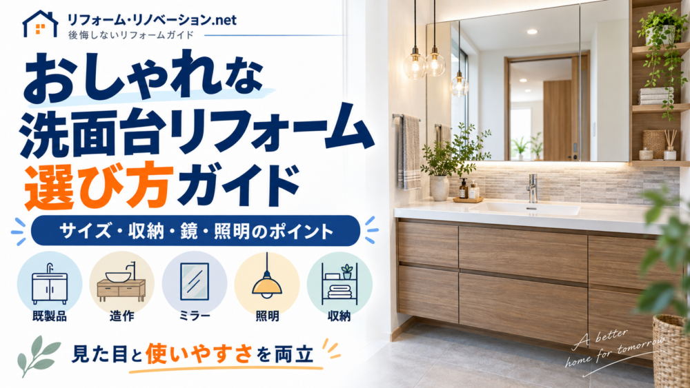 おしゃれな洗面台リフォームのサイズ・収納・鏡・照明の選び方を解説する図解