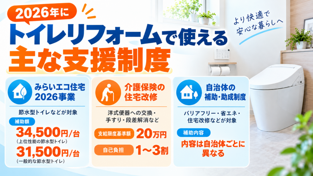 2026年にトイレリフォームで使える国の補助金・介護保険・自治体制度をまとめた図解