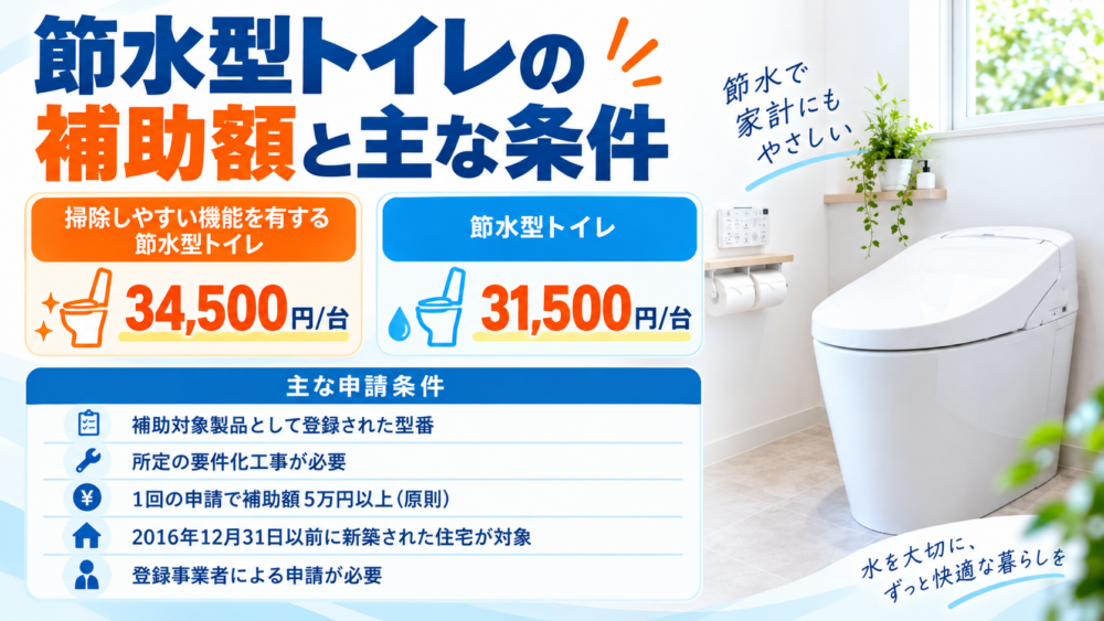 節水型トイレの補助額と対象製品・要件化工事・最低補助額などの主な申請条件をまとめた図解