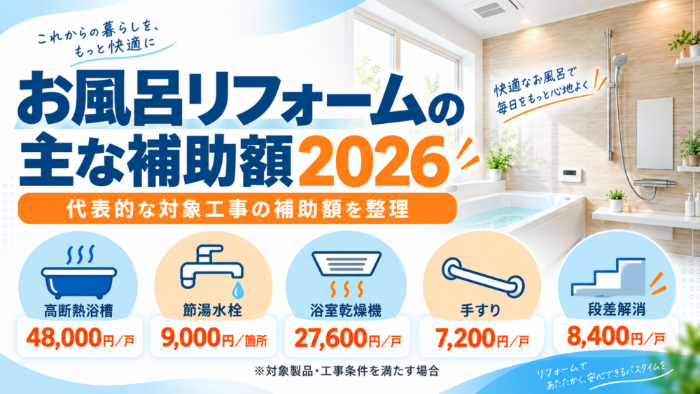 高断熱浴槽・節湯水栓・浴室乾燥機・手すり・段差解消の補助額をまとめた図解
