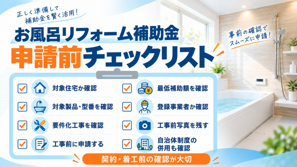 お風呂リフォーム補助金の対象住宅・対象製品・要件化工事・申請時期を確認する申請前チェックリスト図解