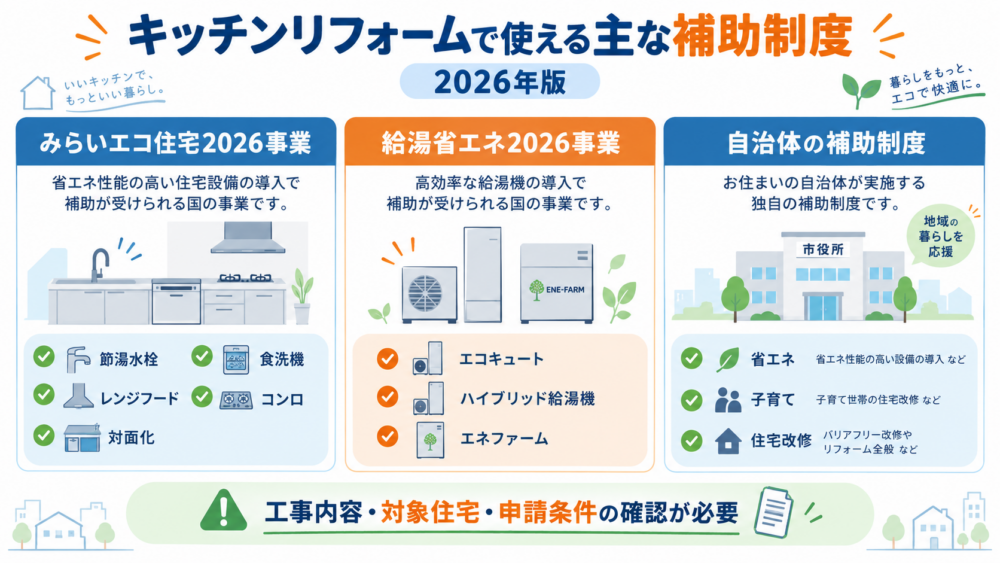 2026年のキッチンリフォームで使える主な補助制度をまとめた図解