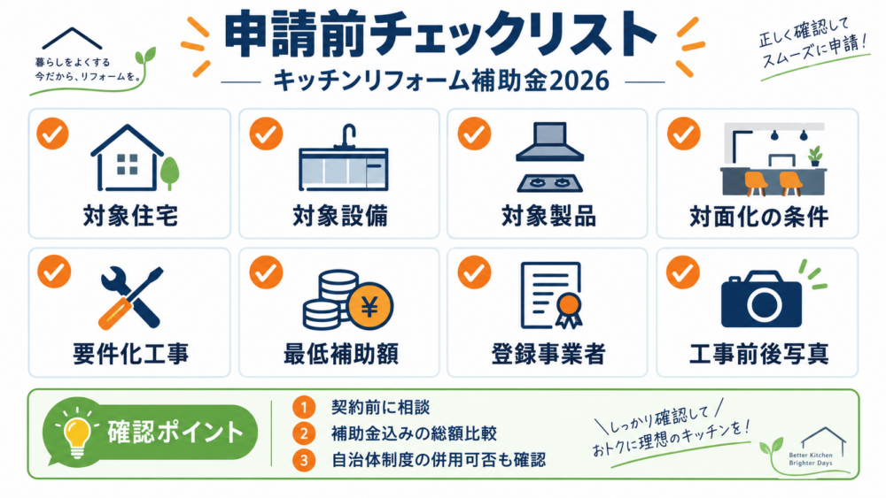 キッチンリフォーム補助金2026の申請前チェックリストをまとめた図解