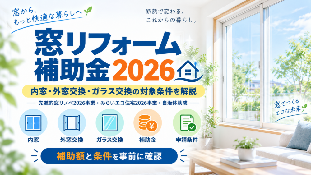 窓リフォーム補助金2026の内窓・外窓交換・ガラス交換の補助額と対象条件を解説する図解
