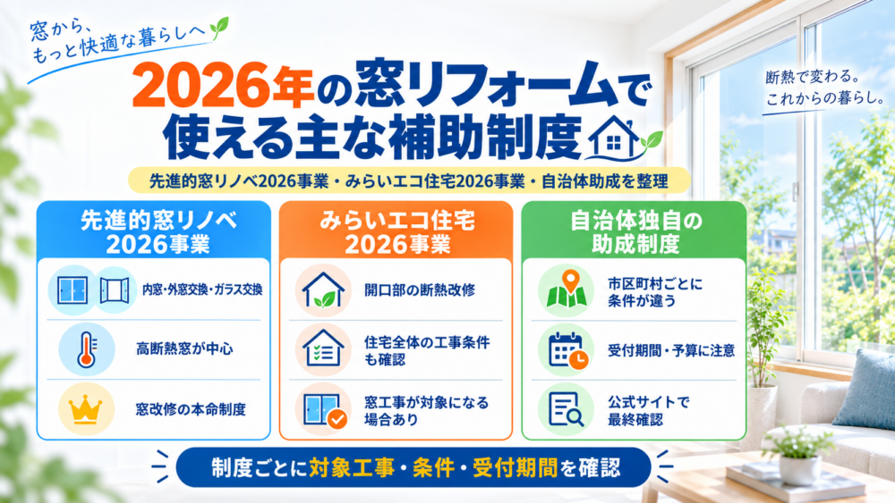 2026年の窓リフォームで使える先進的窓リノベ2026事業・みらいエコ住宅2026事業・自治体助成をまとめた図解