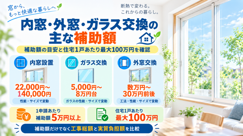 内窓設置・外窓交換・ガラス交換の主な補助額と住宅1戸100万円の上限をまとめた図解