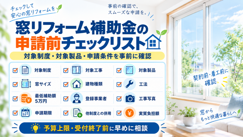 窓リフォーム補助金の対象工事・対象製品・最低補助額・施工会社・申請期限を確認する申請前チェックリスト図解