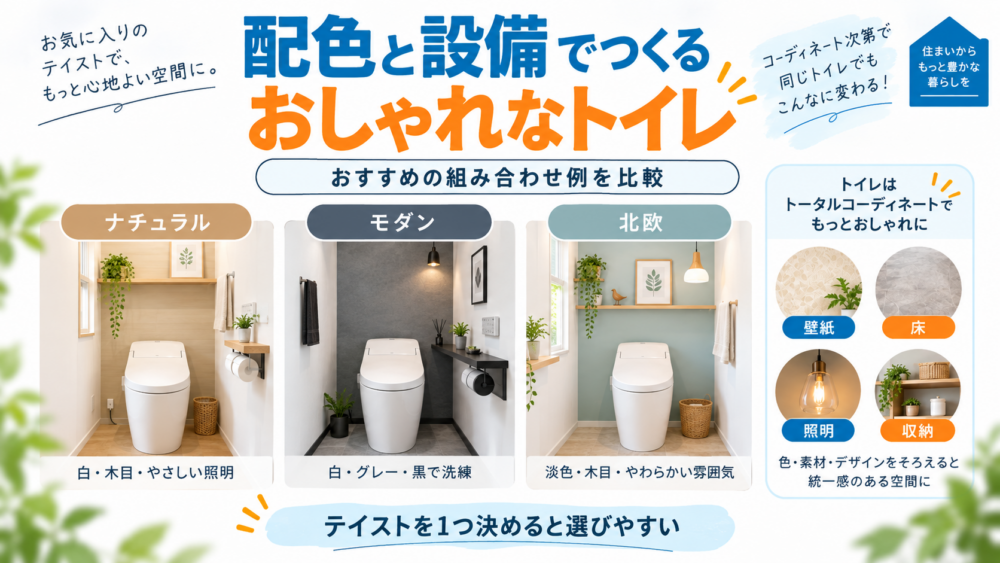 配色と設備の工夫でおしゃれなトイレ空間を作るポイントを紹介した図解画像