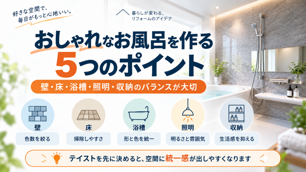 おしゃれなお風呂を作る5つのポイントを壁・床・浴槽・照明・収納で解説した図解