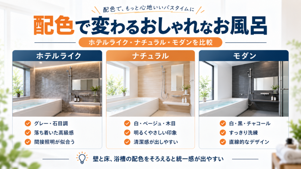 ホテルライク・ナチュラル・モダンのお風呂の配色とデザインを比較した図解