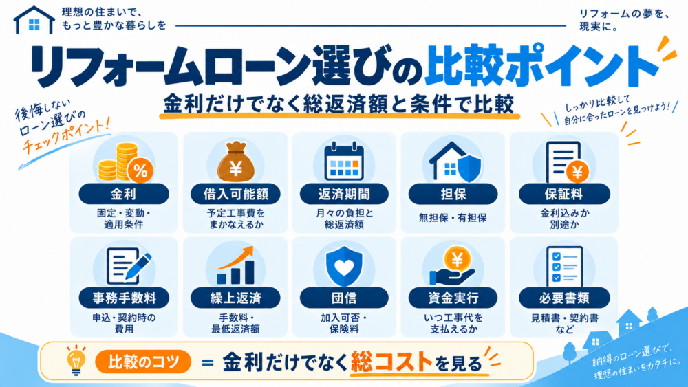 リフォームローン選びで比較したい金利・借入可能額・返済期間・担保・保証料・事務手数料・繰上返済・団信・資金実行・必要書類のポイントをまとめた図解