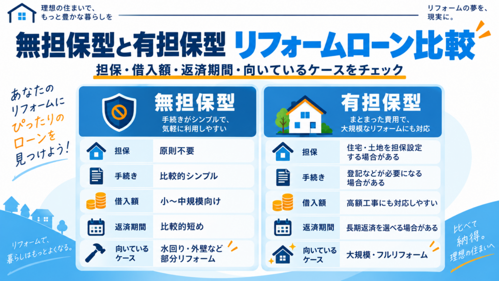 無担保型と有担保型のリフォームローンを担保・手続き・借入額・返済期間・向いているケースで比較した図解