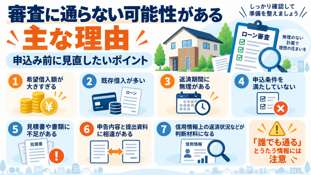 リフォームローン審査に通らない可能性がある主な理由として、希望借入額・既存借入・返済期間・申込条件・見積書や書類不足・申告内容の相違・信用情報上の返済状況などを整理した図解
