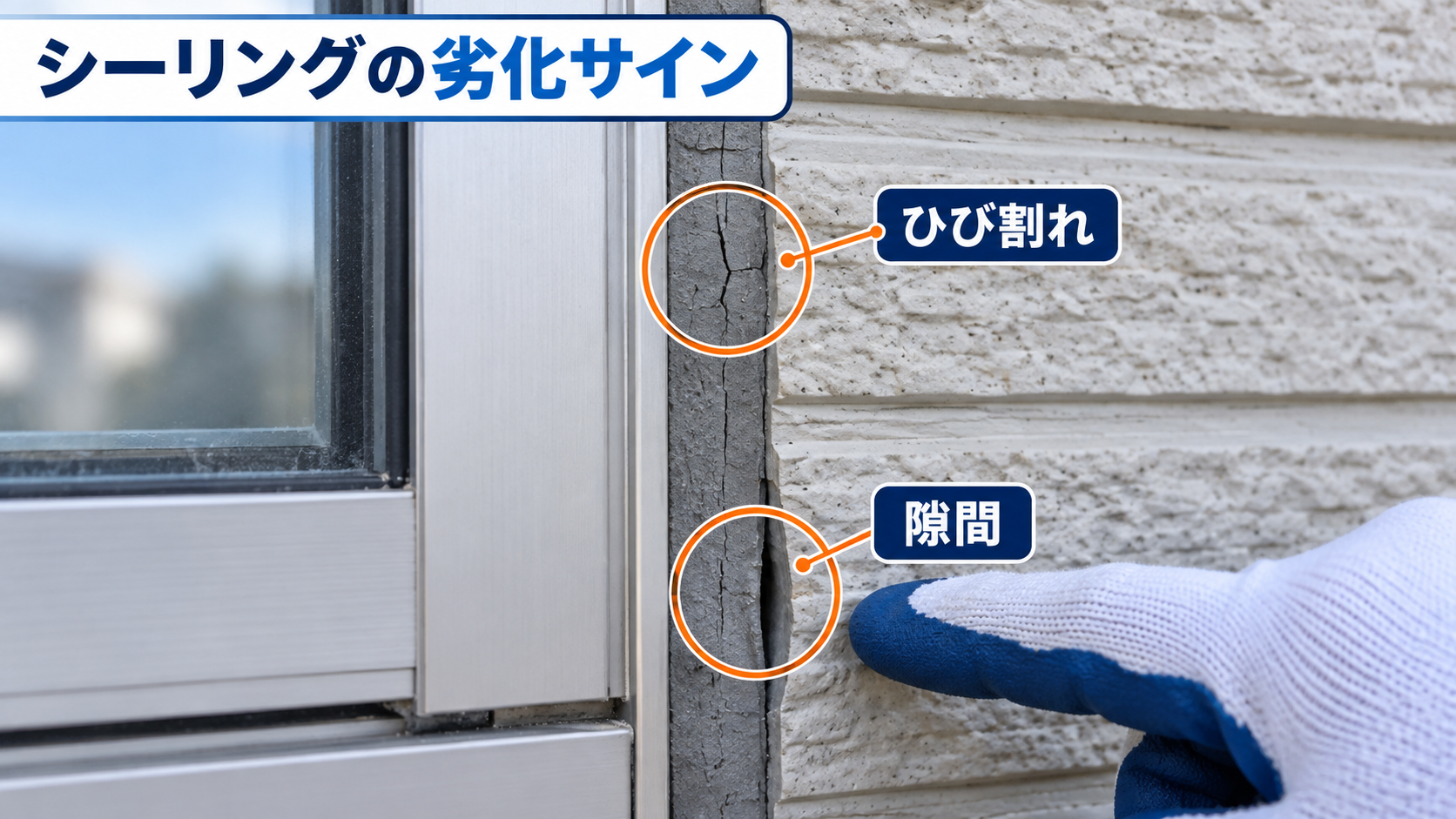 窓まわりのシーリングに生じたひび割れと隙間