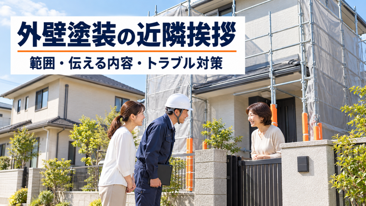 外壁塗装の着工前に施主と施工会社が近隣住民へ挨拶する様子