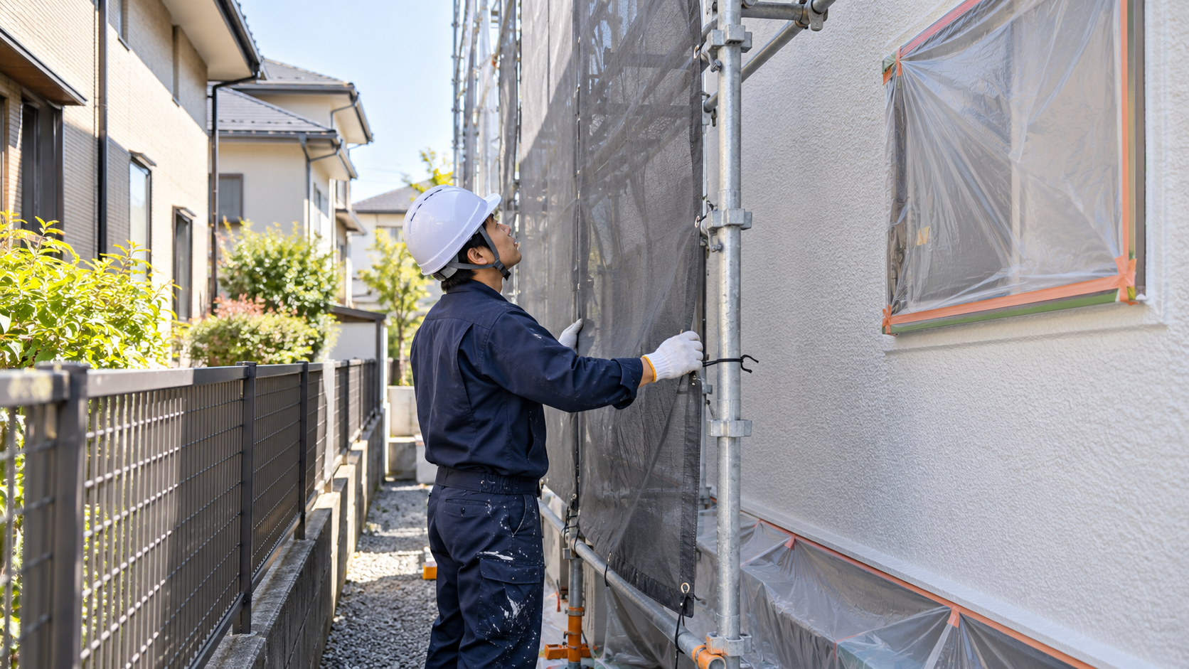 外壁塗装の職人が隣家側の足場に設置した飛散防止シートを確認する様子
