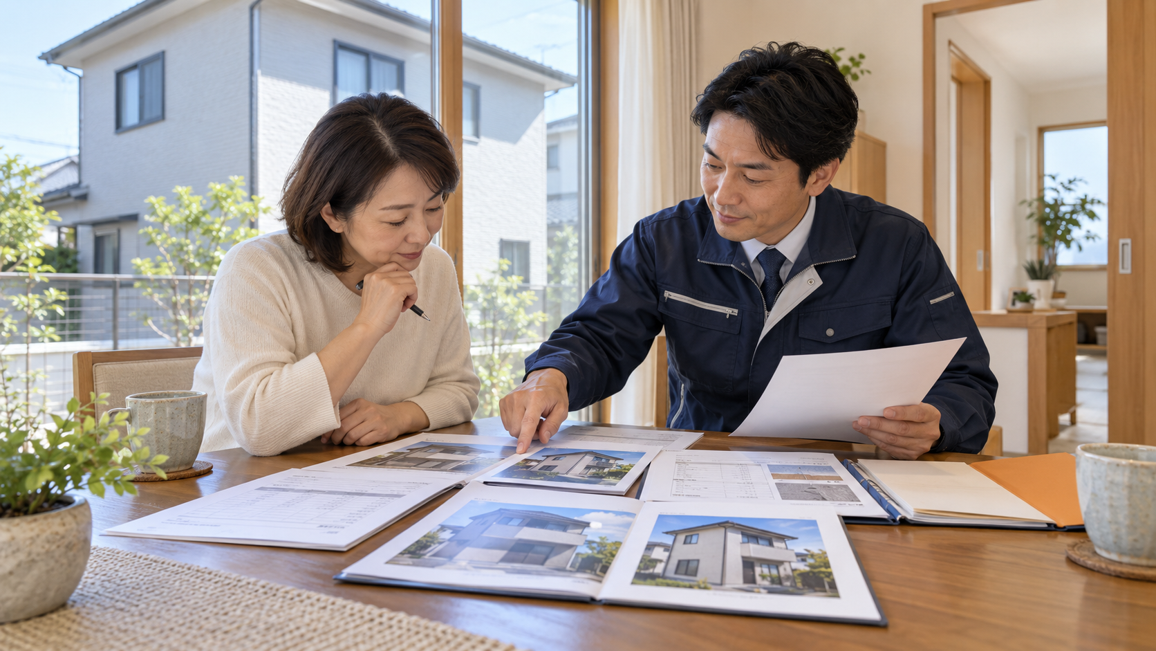 外壁塗装の引き渡し時に、施主と施工担当者が工事写真や報告書、保証書を確認する様子