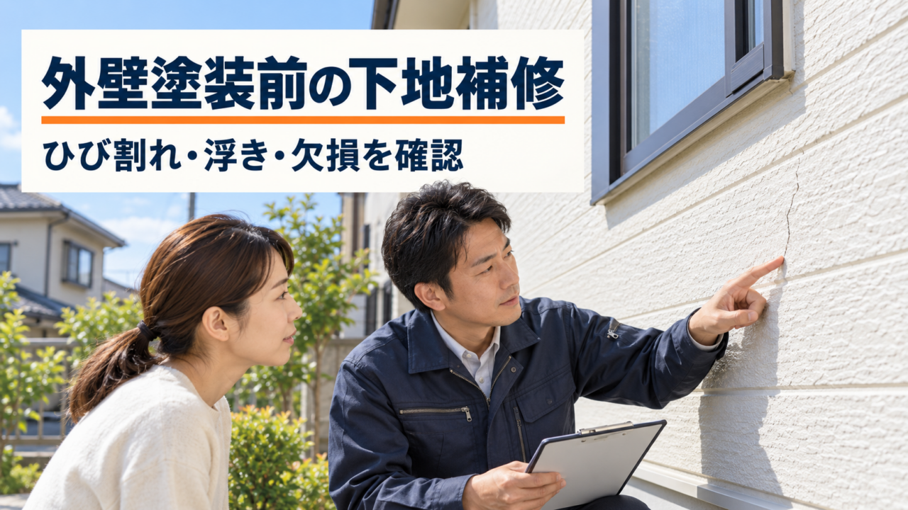 外壁塗装前の下地補修について、施主と施工担当者が外壁のひび割れを確認する様子