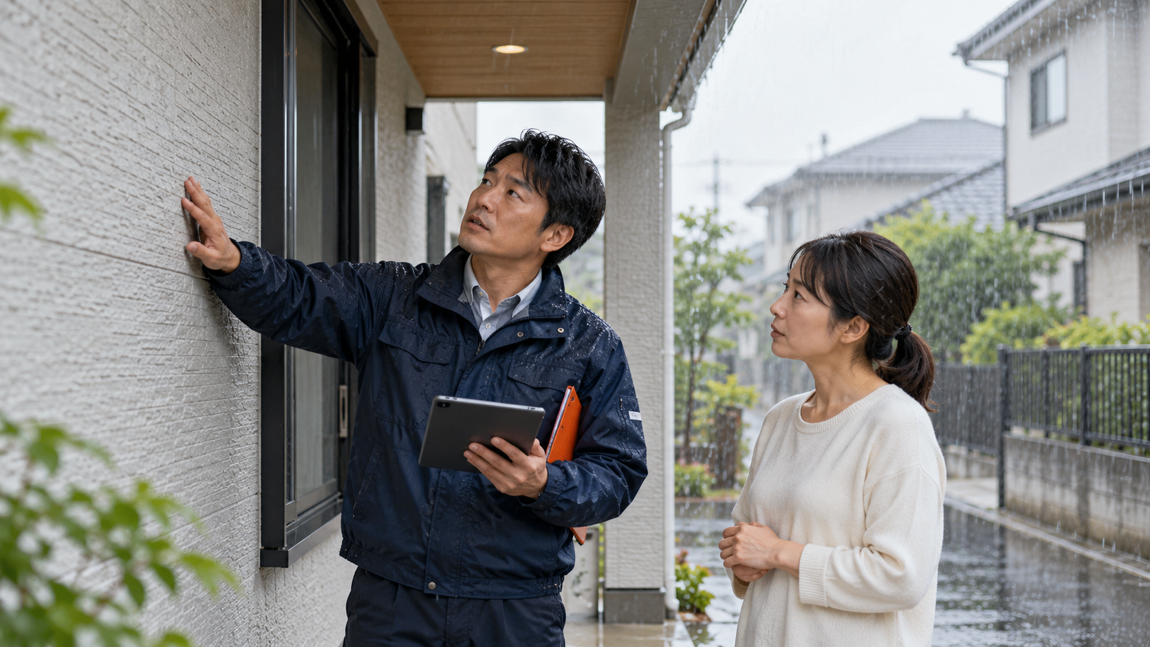 雨天時に施工担当者が外壁の濡れ具合を確認し、施主に作業判断を説明する様子