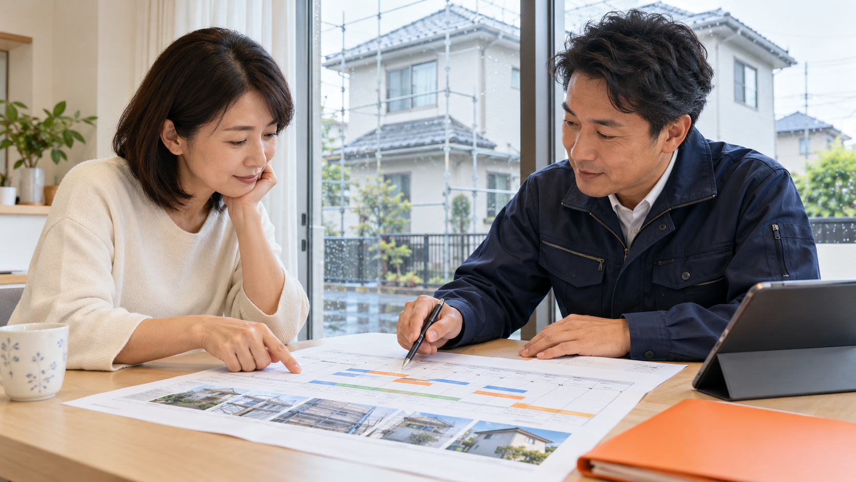 雨による日程変更後の外壁塗装の工程表を、施主と施工担当者が確認する様子