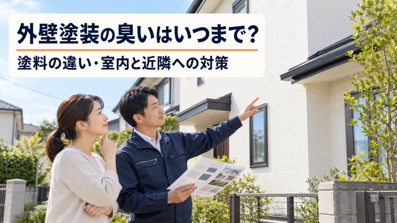 外壁塗装の臭いについて自宅前で相談する施主と塗装業者