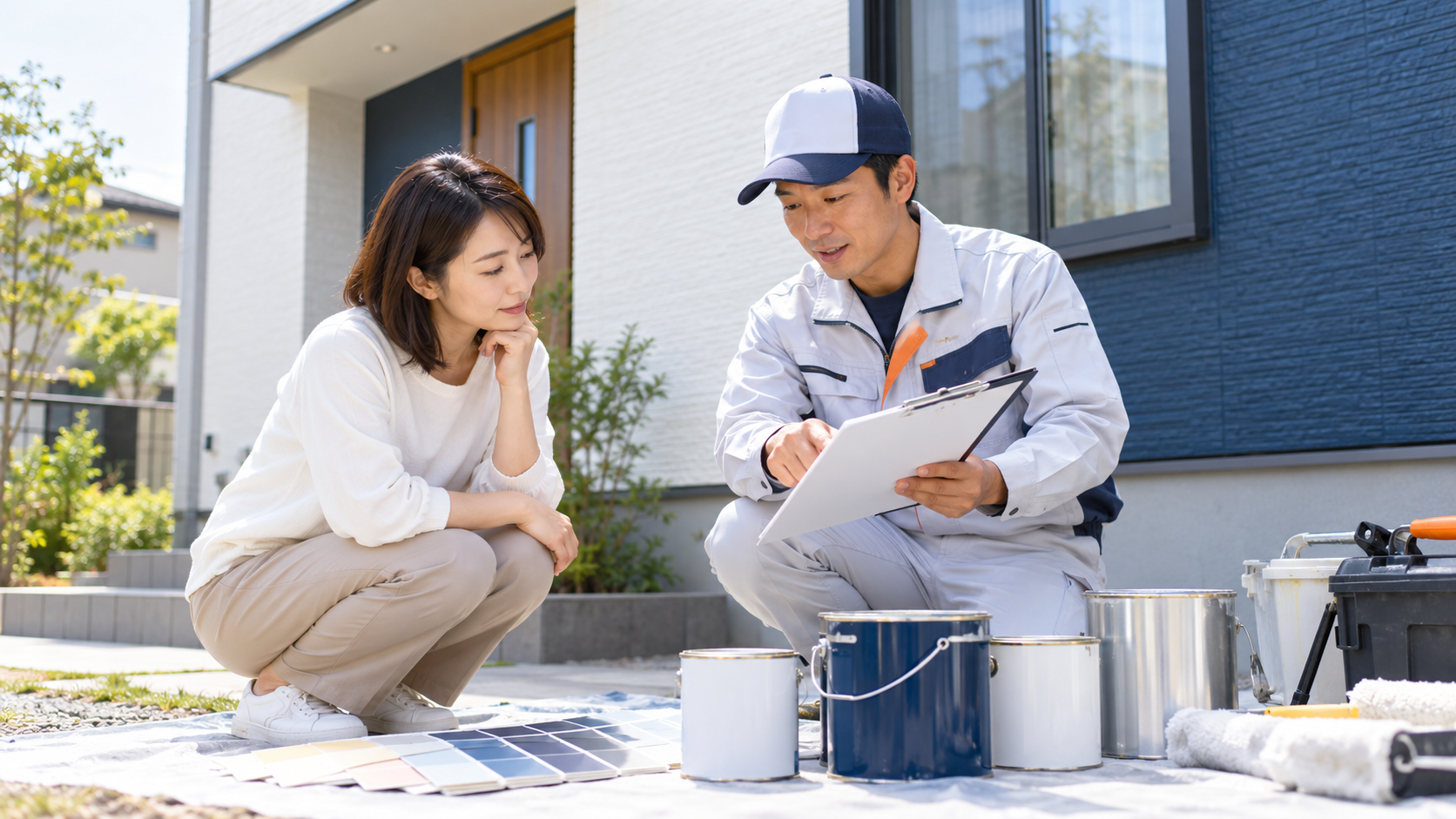 外壁塗装に使う塗料の種類と仕様を施主と塗装業者が確認する様子