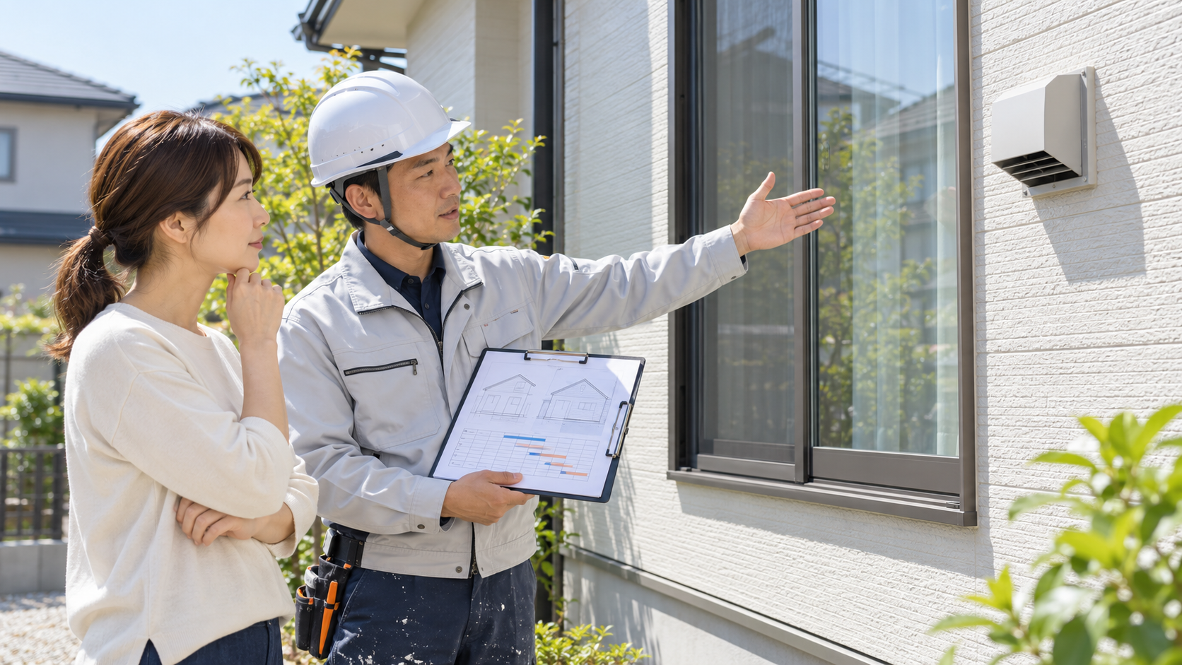 外壁塗装前に窓と換気口の位置を塗装業者と確認する様子