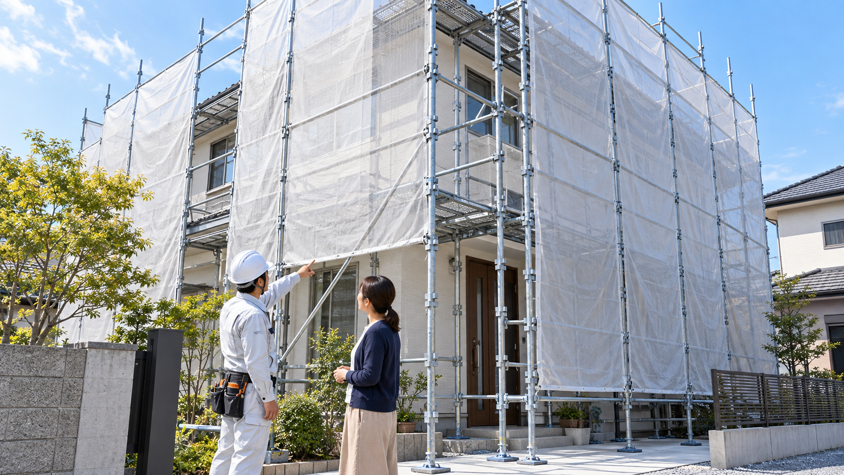 外壁塗装のために設置した足場と飛散防止用メッシュシートを確認する様子