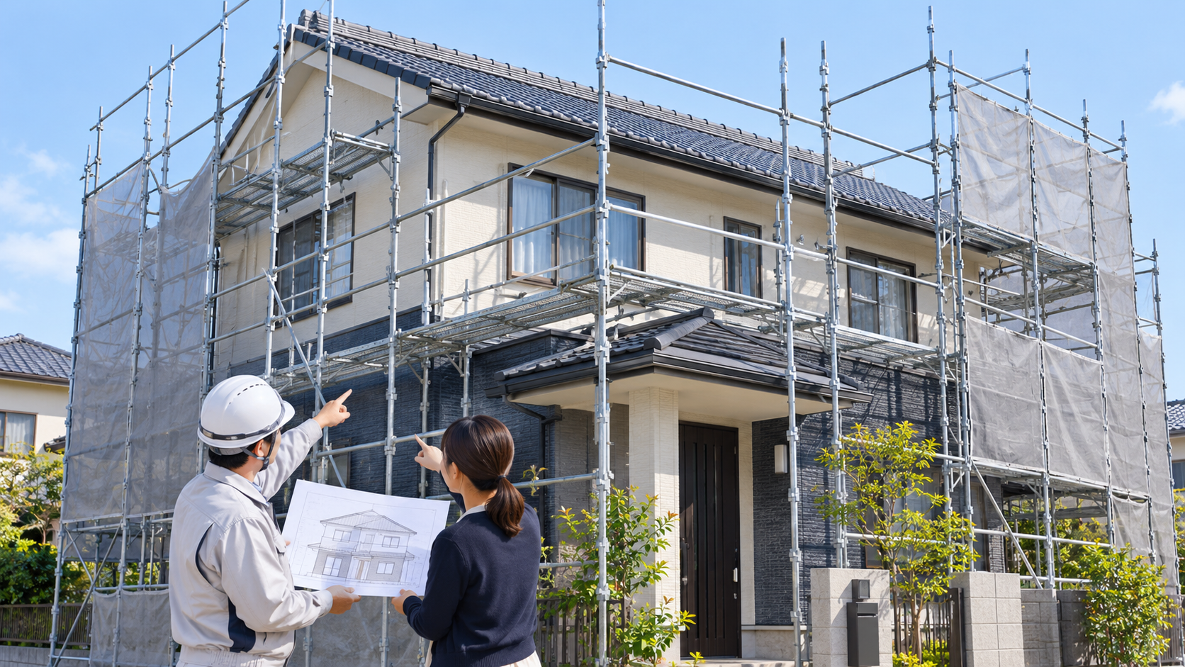 住宅の外壁と屋根の工事範囲を足場の前で確認する施主と業者
