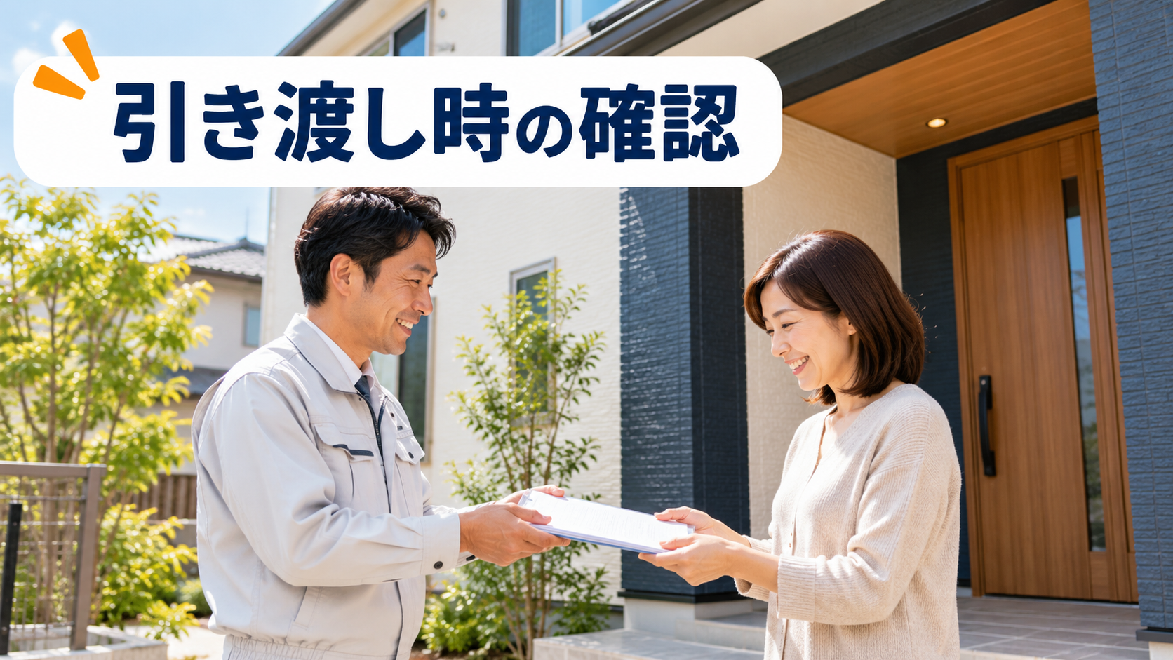 外壁塗装の工事完了後、施工会社の担当者から保証書などの書類を受け取る施主