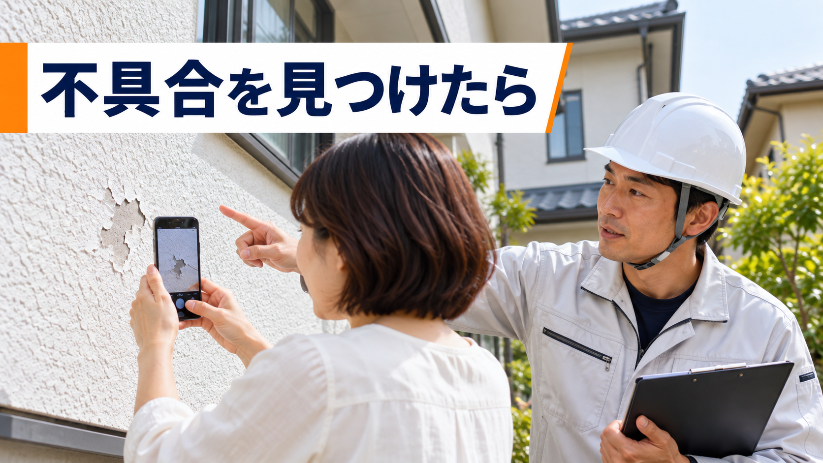 外壁の塗膜に剥がれを見つけ、写真を撮りながら施工会社の担当者に相談する施主