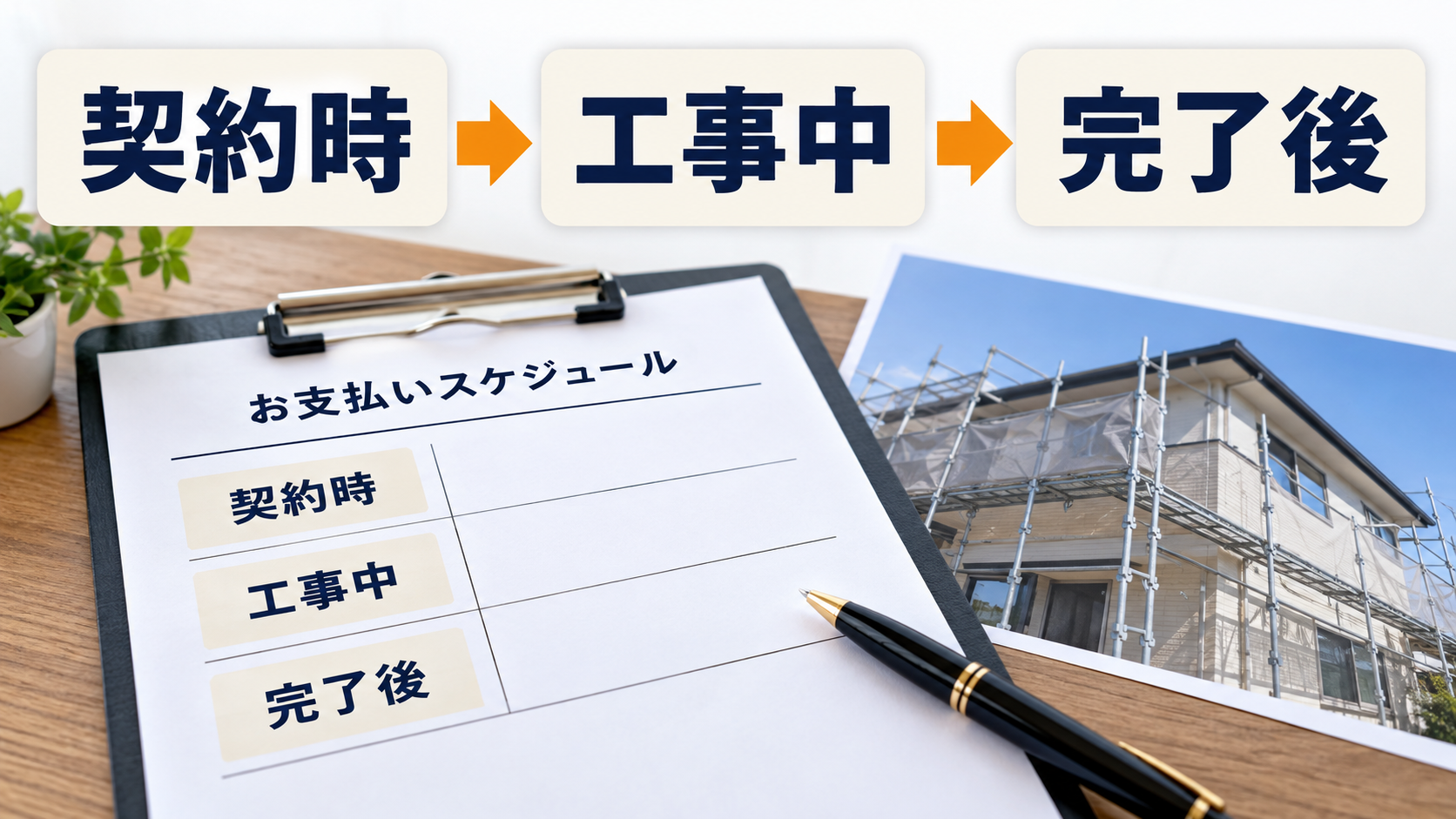 外壁塗装代金を契約時・工事中・完了後のどの段階で支払うかを示した図