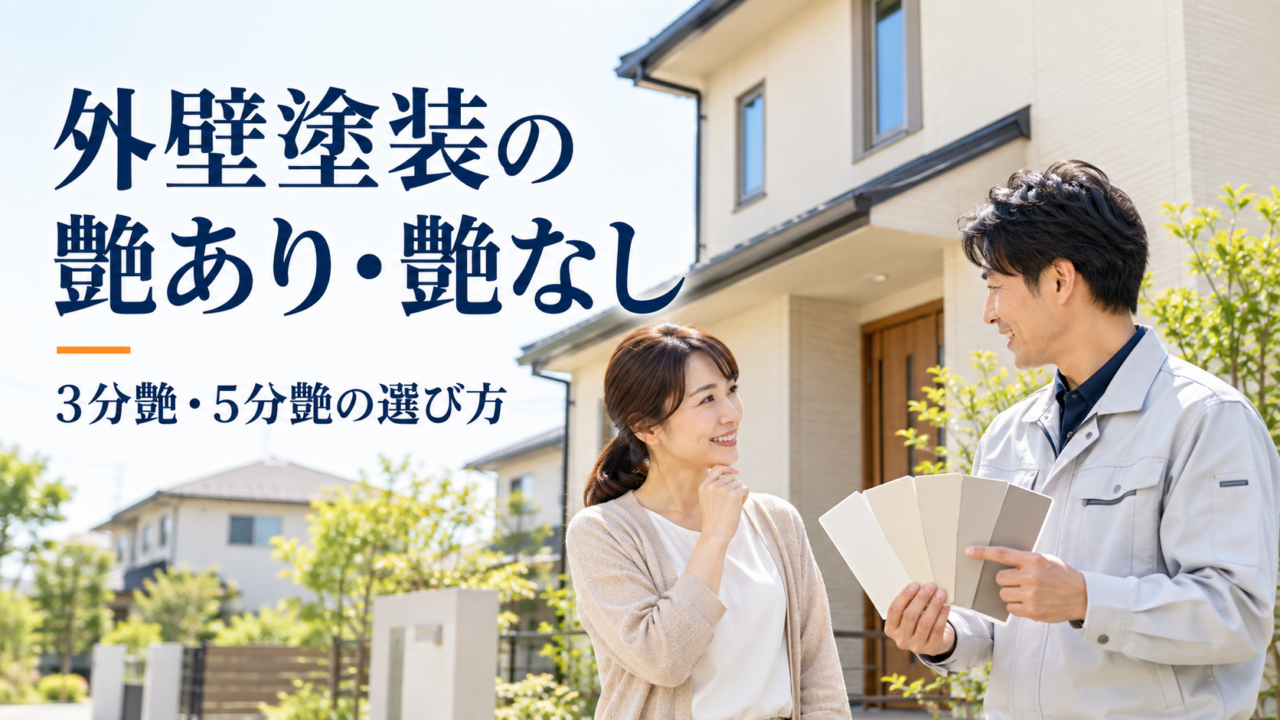 外壁塗装の艶あり・艶なしを選ぶため、住宅の前で色見本を確認する施主と施工会社の担当者