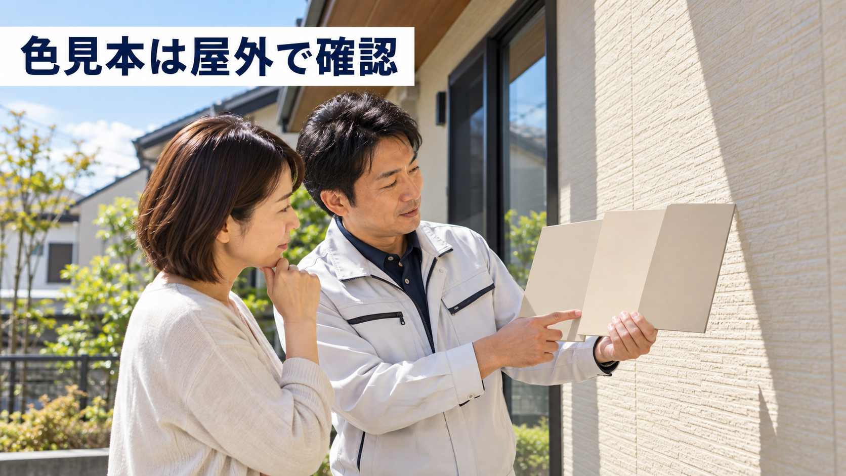 屋外の自然光の下で外壁塗装の色見本を確認する施主と施工会社の担当者