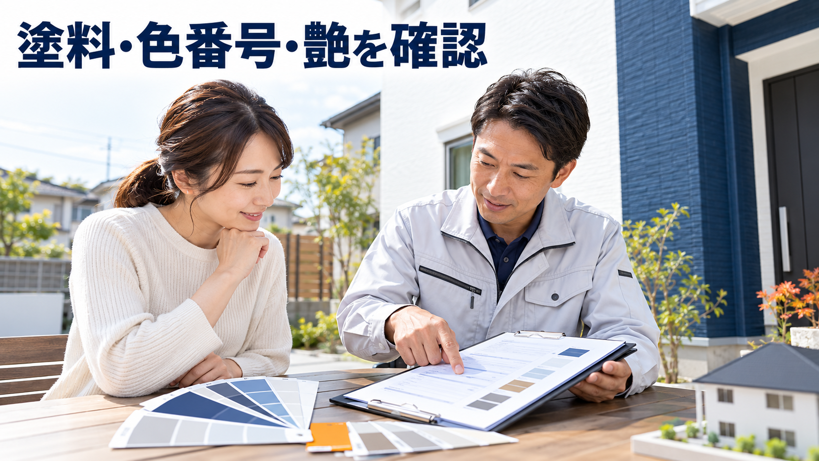 外壁塗装の見積書で塗料の商品名・色番号・艶の種類を確認する施主と担当者
