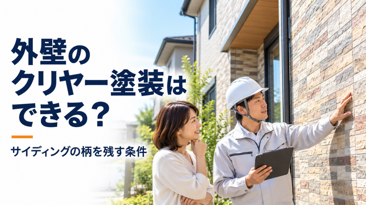 柄のあるサイディング外壁を見ながら、クリヤー塗装について相談する施主と施工会社の担当者
