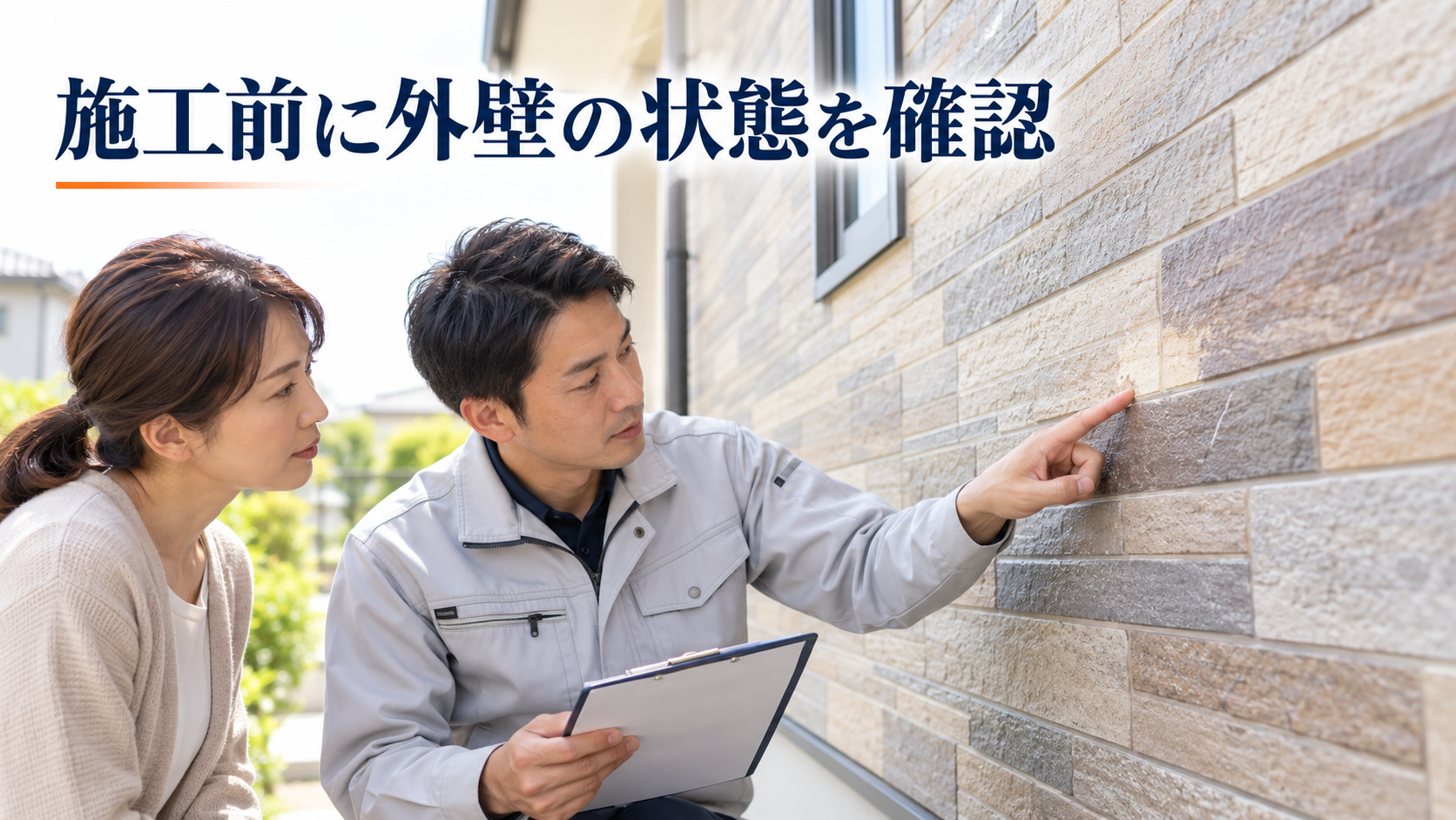 クリヤー塗装の施工前に、サイディング外壁の表面状態を確認する施主と担当者