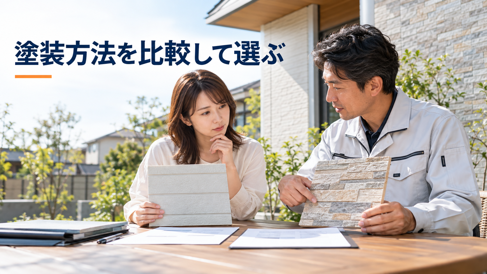 柄を残すクリヤー塗装と色付き塗装の仕上がり見本を比較する施主と担当者