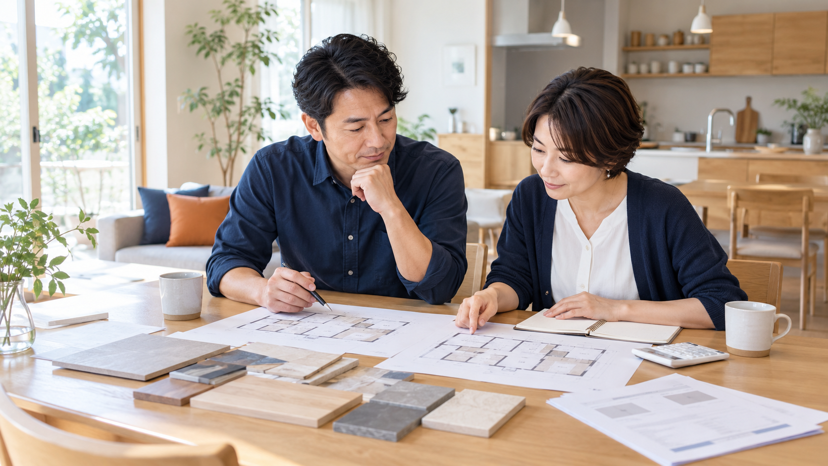 神戸市の住宅で図面と建材サンプルを見ながらリフォーム担当者に相談する夫婦