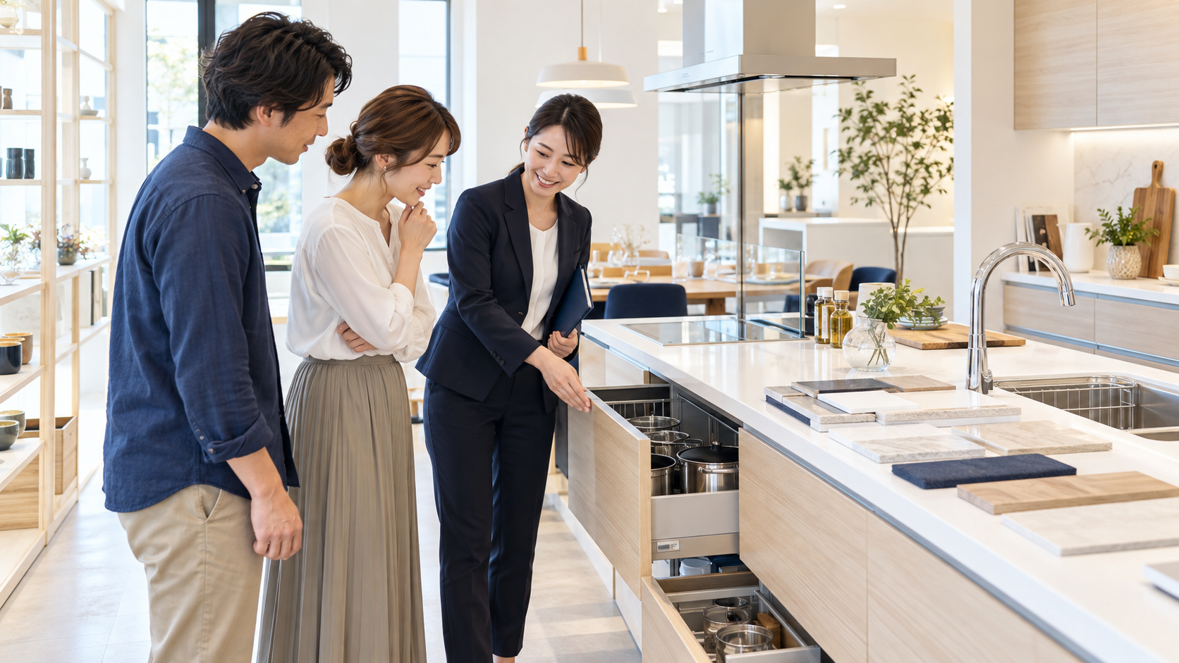 ショールームでキッチンの収納や建材サンプルを確認する夫婦