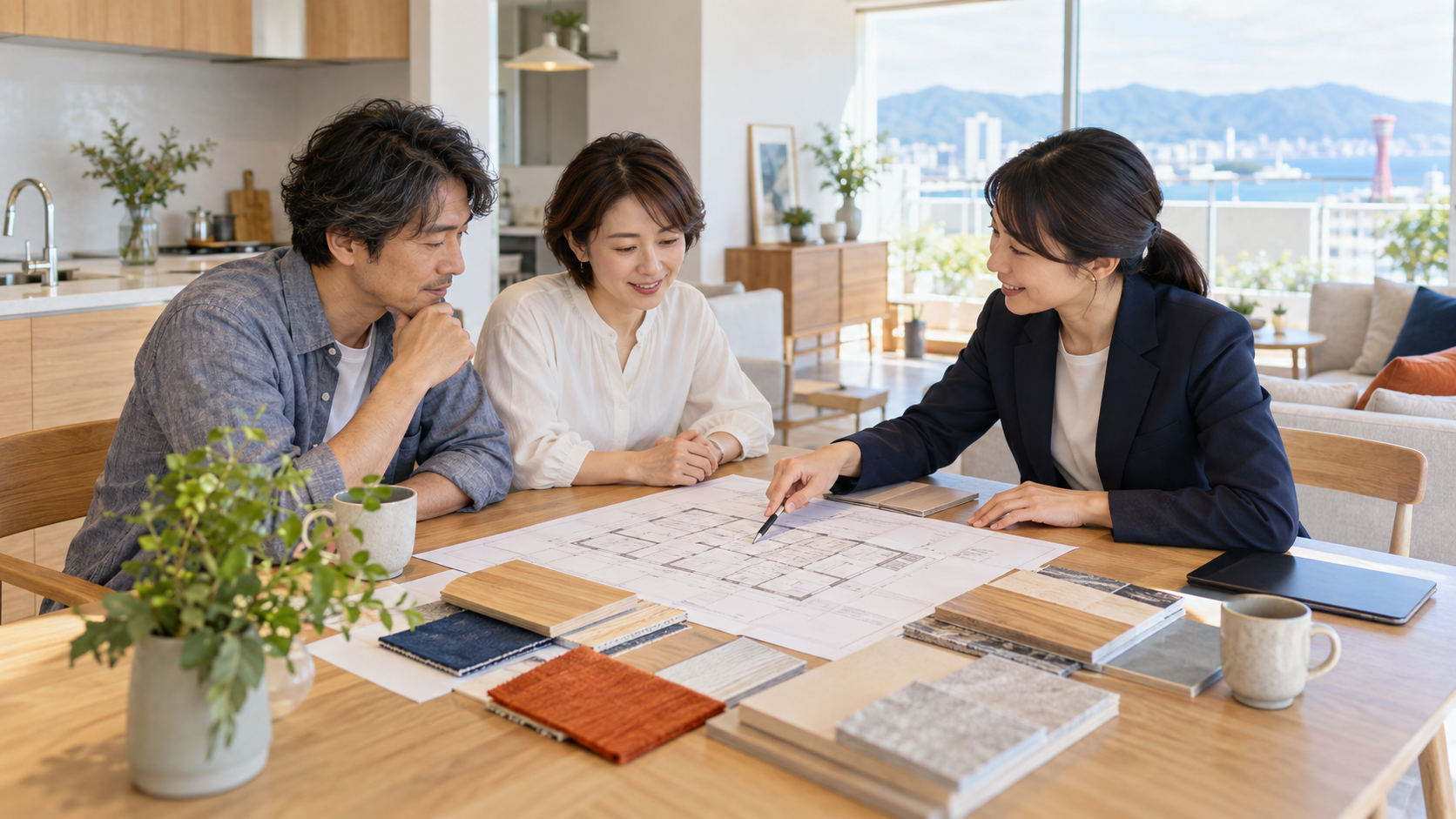 間取り図や資料を見ながらリフォームの希望と予算を整理する夫婦