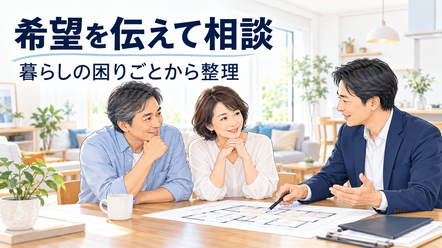 住まいの困りごとやリフォームの希望を、図面を見ながら担当者に伝える夫婦のイメージ