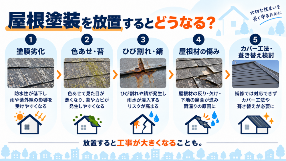 屋根塗装を放置したときの劣化進行を、塗膜劣化・色あせや苔・ひび割れや錆・屋根材の傷み・カバー工法や葺き替え検討の5段階で示した図解