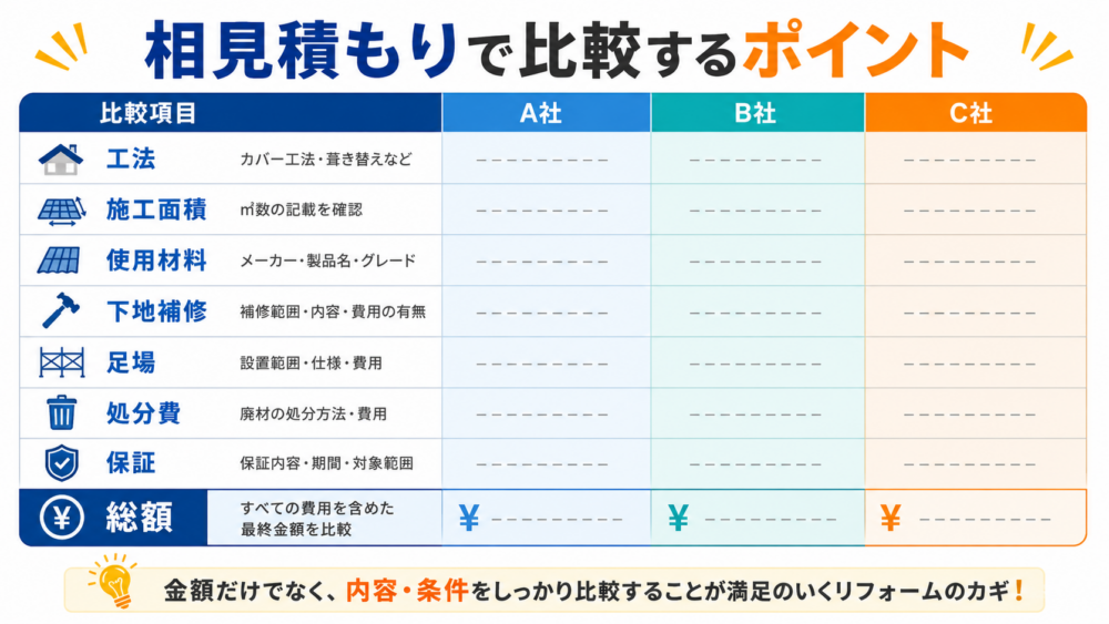 屋根リフォームの相見積もりで工法・施工面積・使用材料・下地補修・足場・処分費・保証・総額を比較するポイント