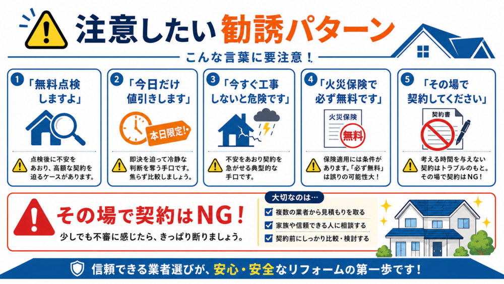 屋根修理で注意したい無料点検・当日値引き・緊急工事・火災保険・即決契約などの悪質な勧誘パターン