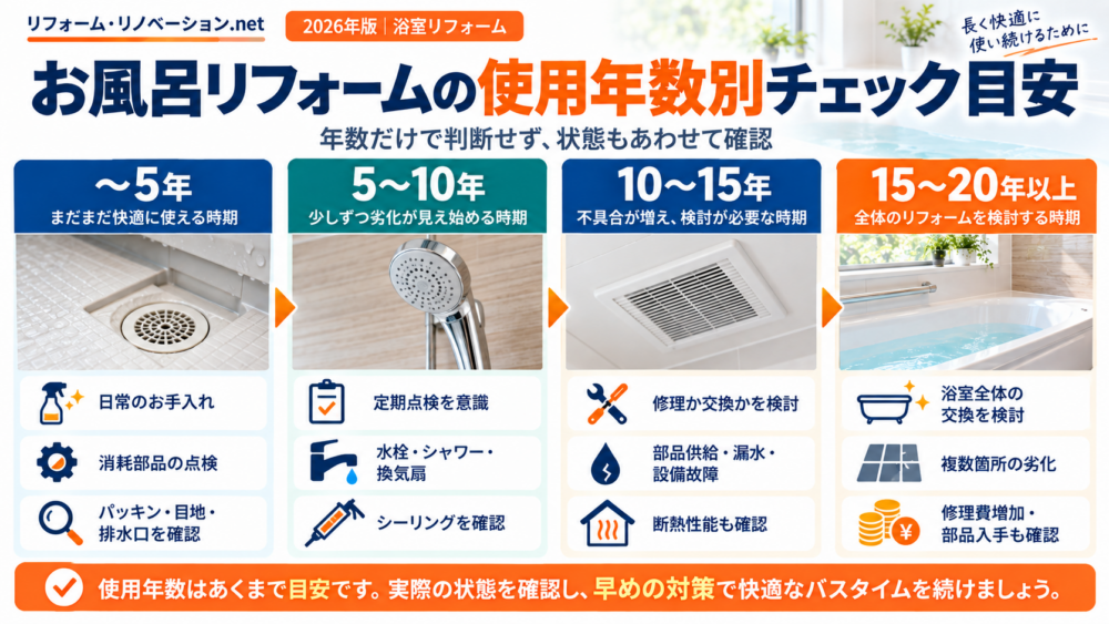 お風呂リフォームの使用年数別チェック目安を5年・10年・15年・20年で比較した図