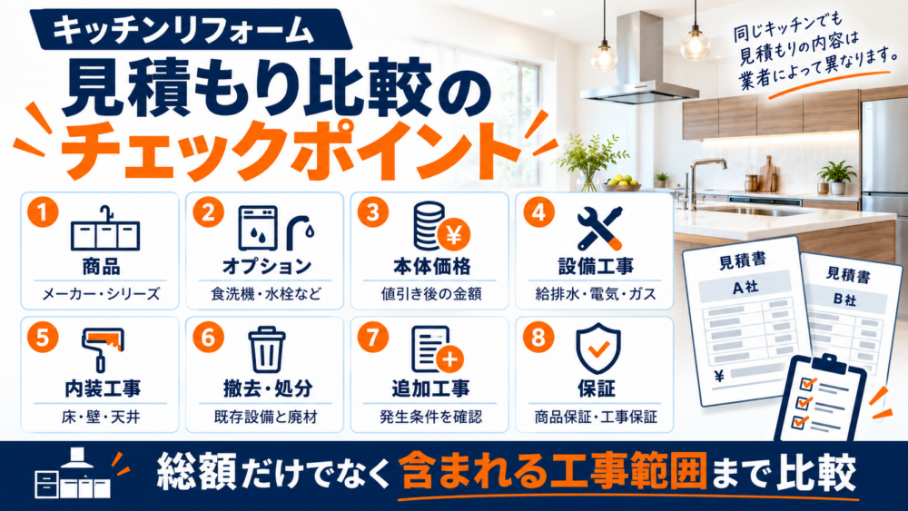 キッチンリフォームの見積もり比較で確認したい項目をまとめた図解