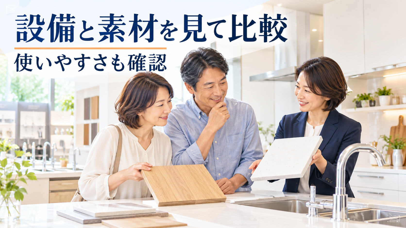 キッチンのショールームで設備や素材の使いやすさを比較する夫婦のイメージ