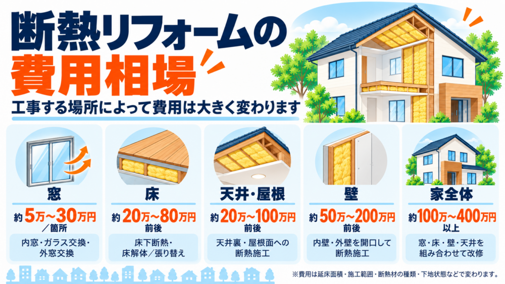 窓・床・天井屋根・壁・家全体の断熱リフォーム費用相場を比較した図解