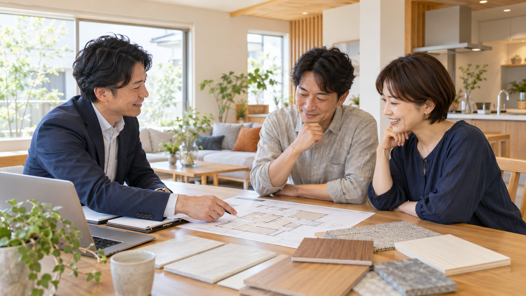 自宅で間取り図や見積書を見ながらリフォームの希望と予算を整理する夫婦